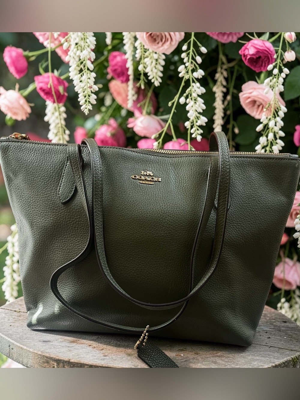 NWOT Coach Dark Olive Pebbled Leather Tote with Gold Hardware